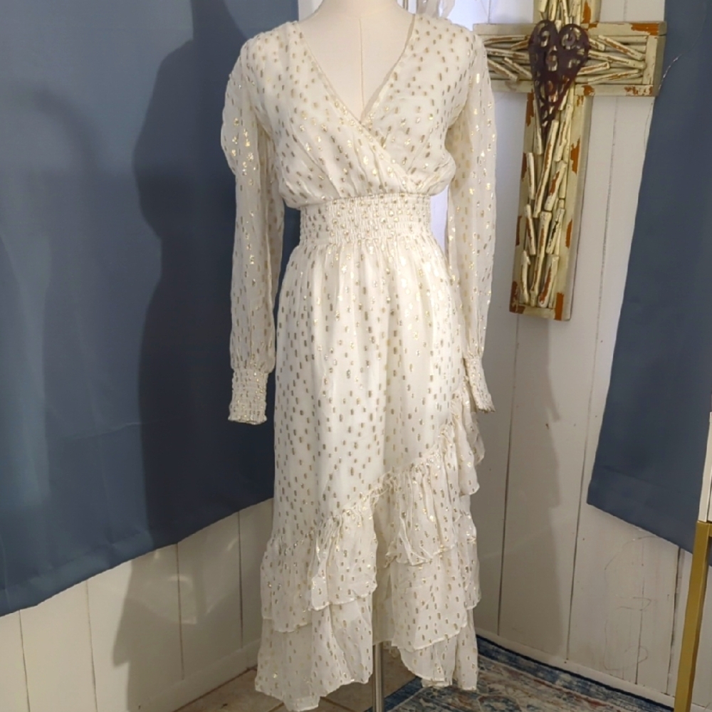 Lilly Pulitzer Christiana Midi Cream Long Sleeve Bishop V-Neck Dress Size 2